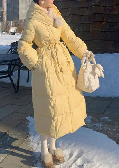 Yellow Hooded Tie Waist Fine Cotton Filled Puffers Jackets Winter