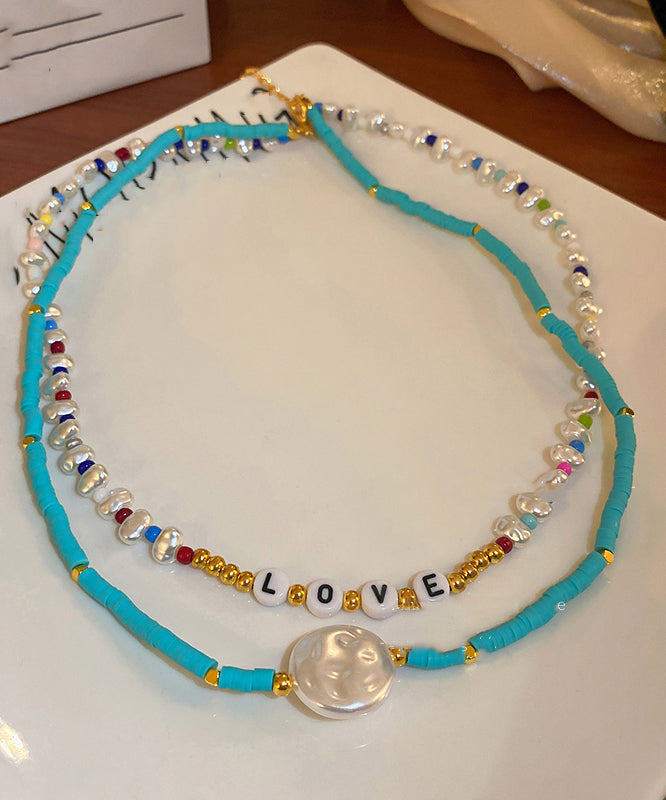Blue Alloy Acrylic Pearl Bilayer Beading Graduated Bead Necklace