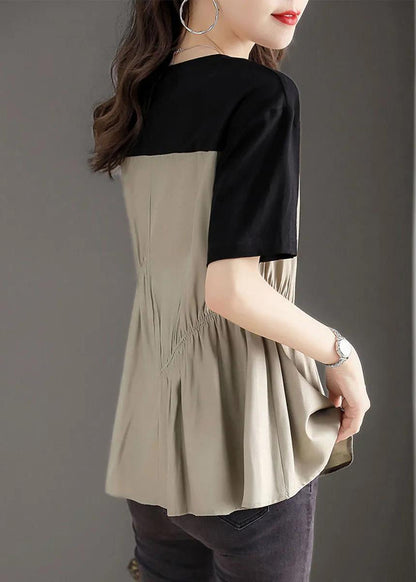 Loose Khaki O Neck Wrinkled Patchwork Cotton T Shirt Summer