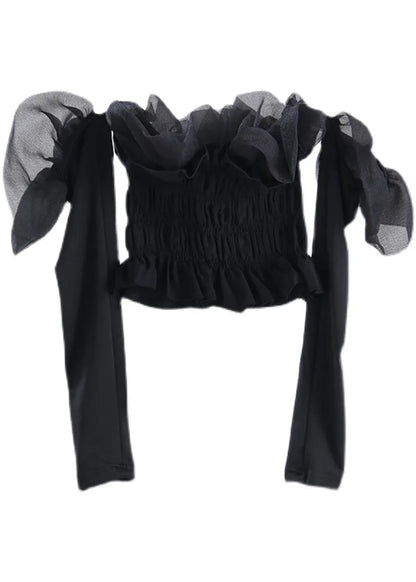 Diy Black Ruffled Tulle Wrinkled Cotton Top Long Sleeve
