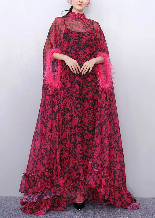 French Red Oversized Print Chiffon Eyelash Dresses Two Piece Set Summer