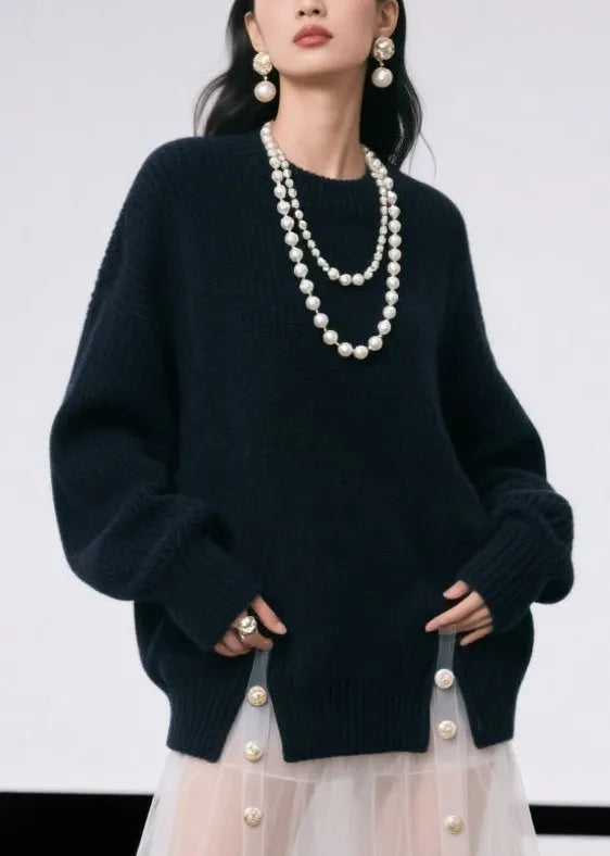 Black O Neck Side Open Knit Pullover Fall