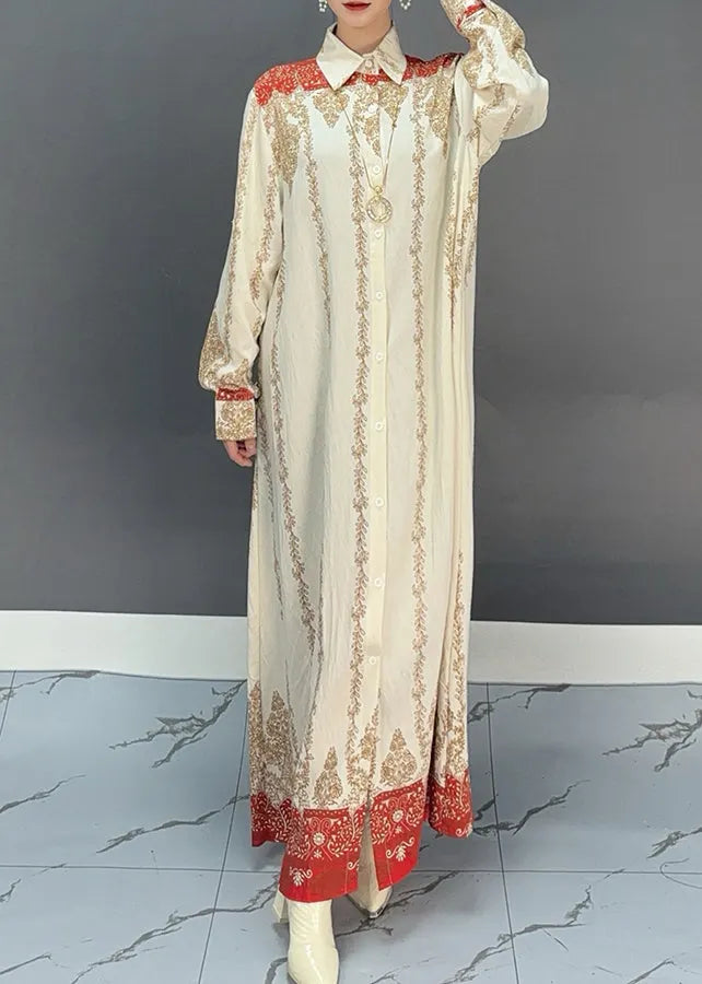 Red Print Button Holiday Maxi Shirts Dresses Fall