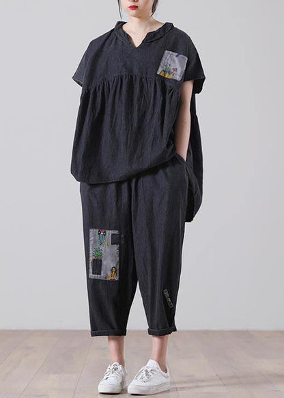 Black Patchwork Pockets Cotton Two Pieces Set Summer