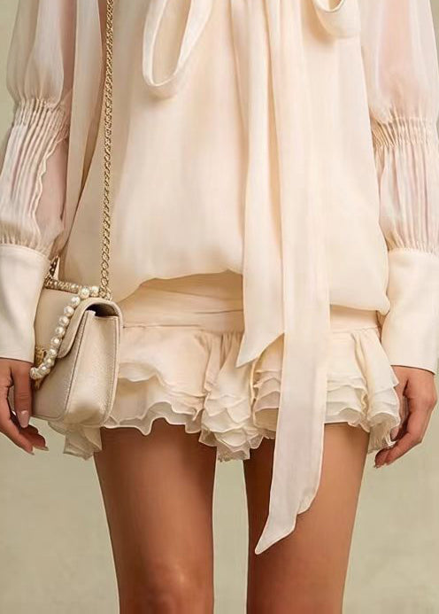 French Apricot Ruffled Wrinkled Chiffon Work Dress Spring