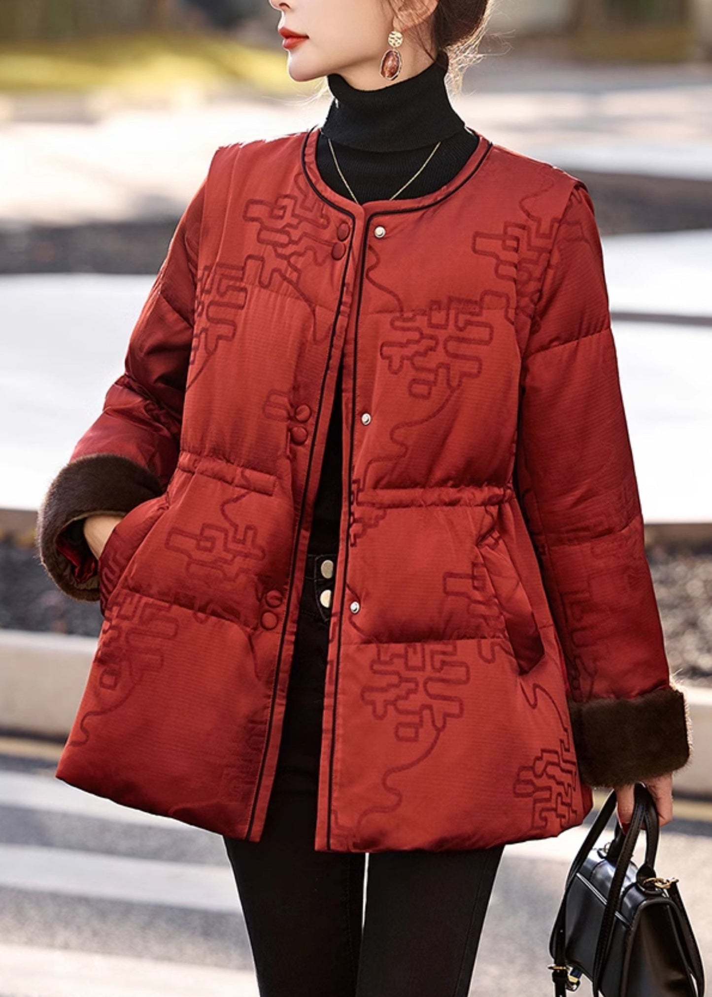 Red Cinched Print Duck Down Puffer Jacket Winter