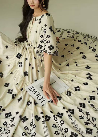 French White Print Wrinkled Cotton Long Dress Summer