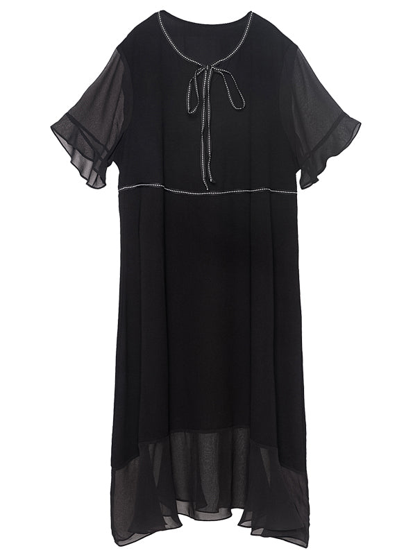 Modern Black O-neck Ruffles Lace Up Chiffon Long Dress Summer