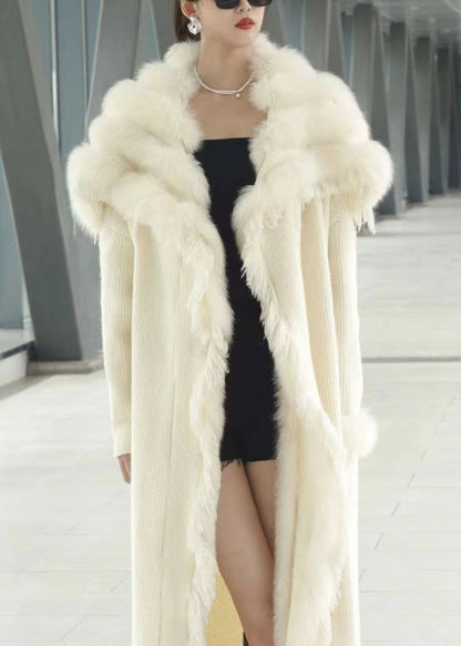 Classy Beige Fox Collar Patchwork Knit Cardigan Winter