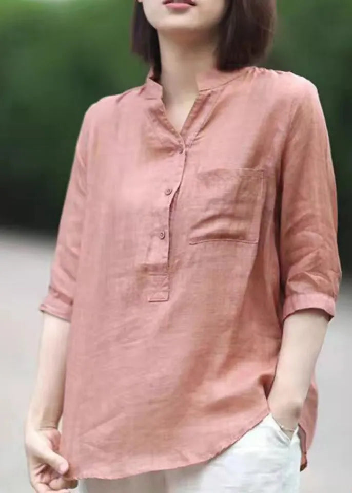 Pink Stand Collar Pockets Linen Blouses Top Half Sleeve