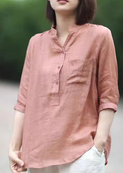 Pink Stand Collar Pockets Linen Blouses Top Half Sleeve