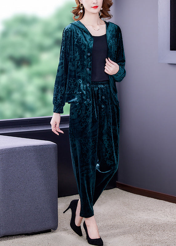 Green Zip Up Silk Velour Coats and Harem Pants Two Pieces Set Long Sleeve Spring