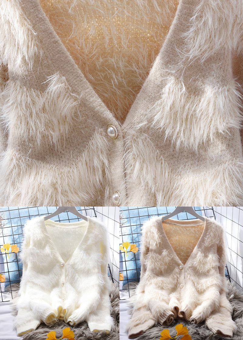 Khaki Patchwork Mink Hair Knitted Cardigan V Neck Button Spring
