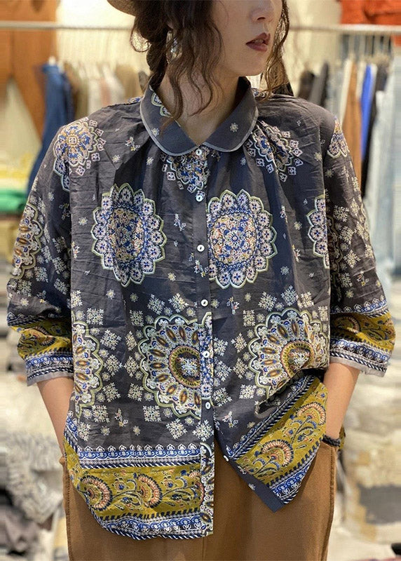 Peter Pan Collar Print Button Linen Shirt Tops Long Sleeve