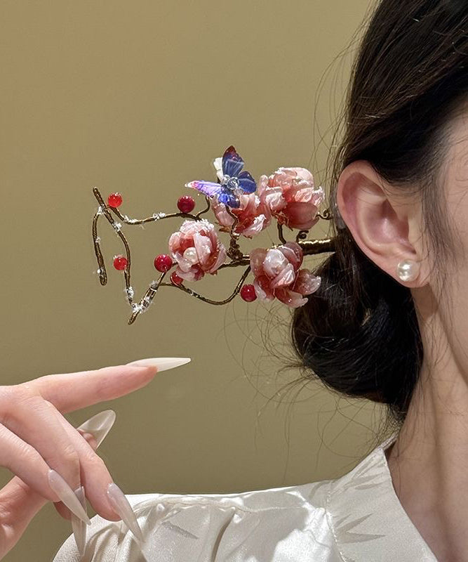 Chinese Style Pink Alloy Coloured Glaze Plum Blossom a Hairpin