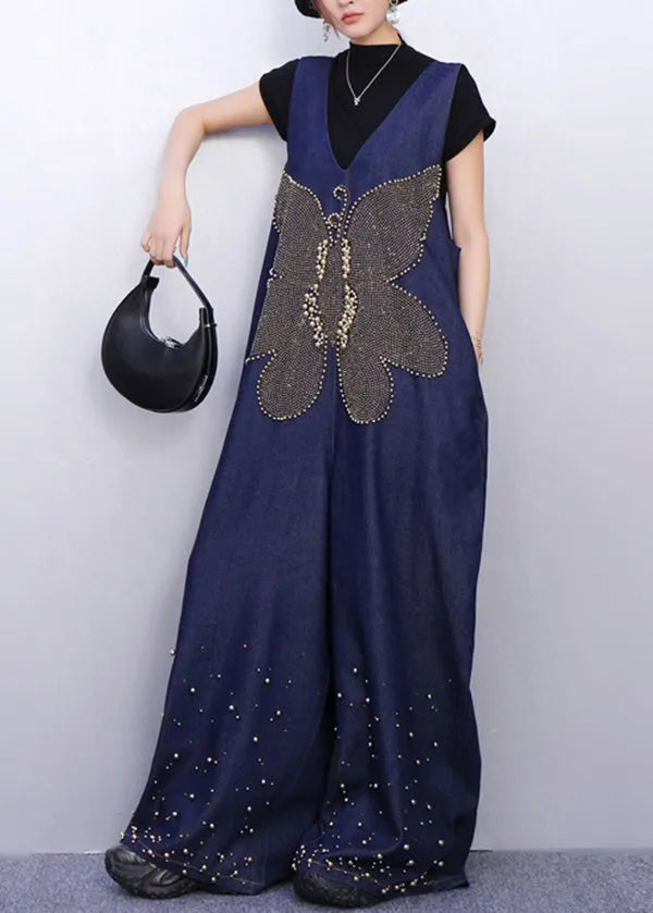 Sparkling Insect Motif Navy Denim Jumpsuits Urban Stance