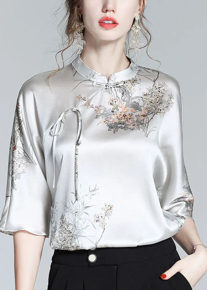 Silk Stand Collar Oriental Satin Shirt Top Half Sleeve Blouse