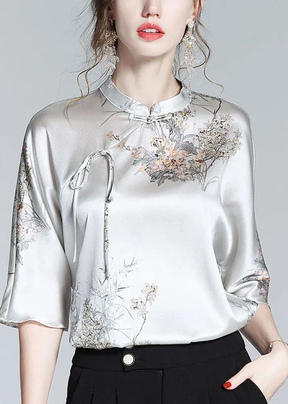 Silk Stand Collar Oriental Satin Shirt Top Half Sleeve Blouse