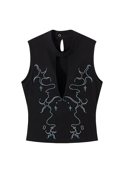 Black Hollow Out Embroidered Cotton Tank Sleeveless