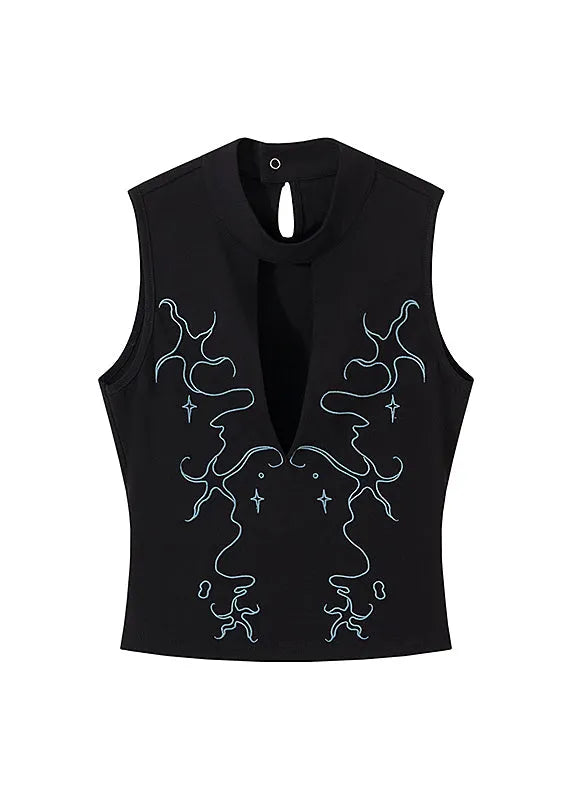 Black Hollow Out Embroidered Cotton Tank Sleeveless