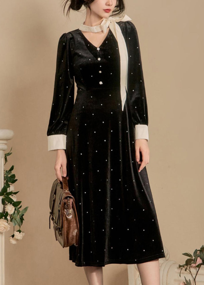 French Black Bow Dot Silk Velour Long Dress Winter