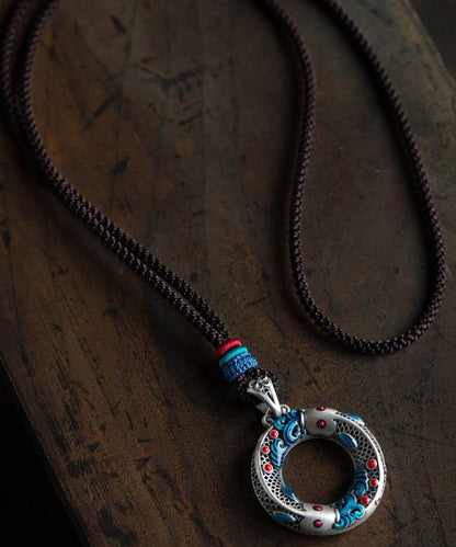 Blue Sterling Silver Cloisonne Lucky Charm Pendant Necklace