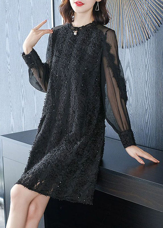 Italian Black O-neck Patchwork Silk Mid Dress Spring