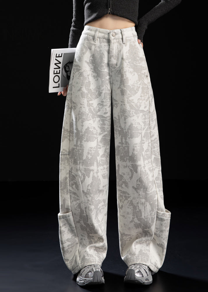 Italian White Tie Dye Patchwork Pockets Warm Fleece Pants Spring