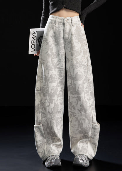 Italian White Tie Dye Patchwork Pockets Warm Fleece Pants Spring