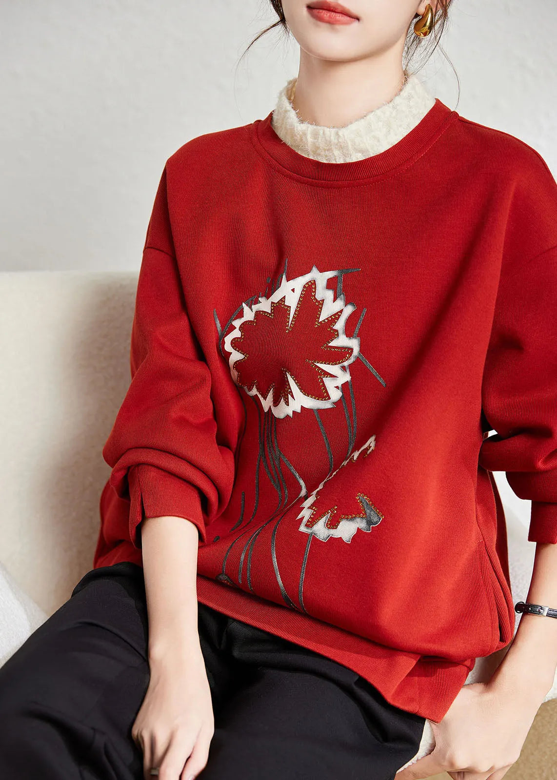 Red Turtleneck Patchwork Print Fake Two Pieces Fleece Sweatshirt Winter