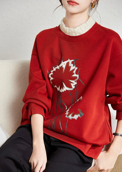 Red Turtleneck Patchwork Print Fake Two Pieces Fleece Sweatshirt Winter