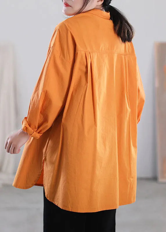 Orange Color Patchwork Cotton Shirt Tops Asymmetrical Pockets Long Sleeve