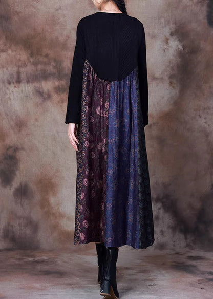 Blue Print Knit Patchwork Long Dress Winter