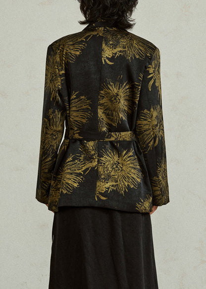 Chinese Style Black Notched Print Tie Waist Coats Fall
