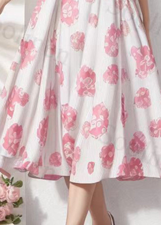 Pink Stand Colla Print Tie Waist Silk Dress Summer