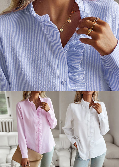 Blue Shirt Ruffled Patchwork Puff Sleeve Fall