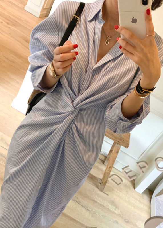Organic Blue Asymmetrical Striped Cotton Shirts Dress Spring