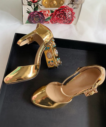 Boutique Zircon Buckle Strap Splicing High Heels Gold Cowhide Leather