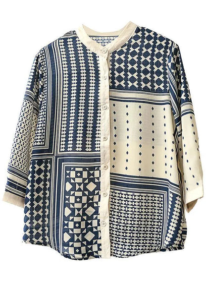 Apricot O-neck Print Button Fall Blouses Three Quarter Sleeve