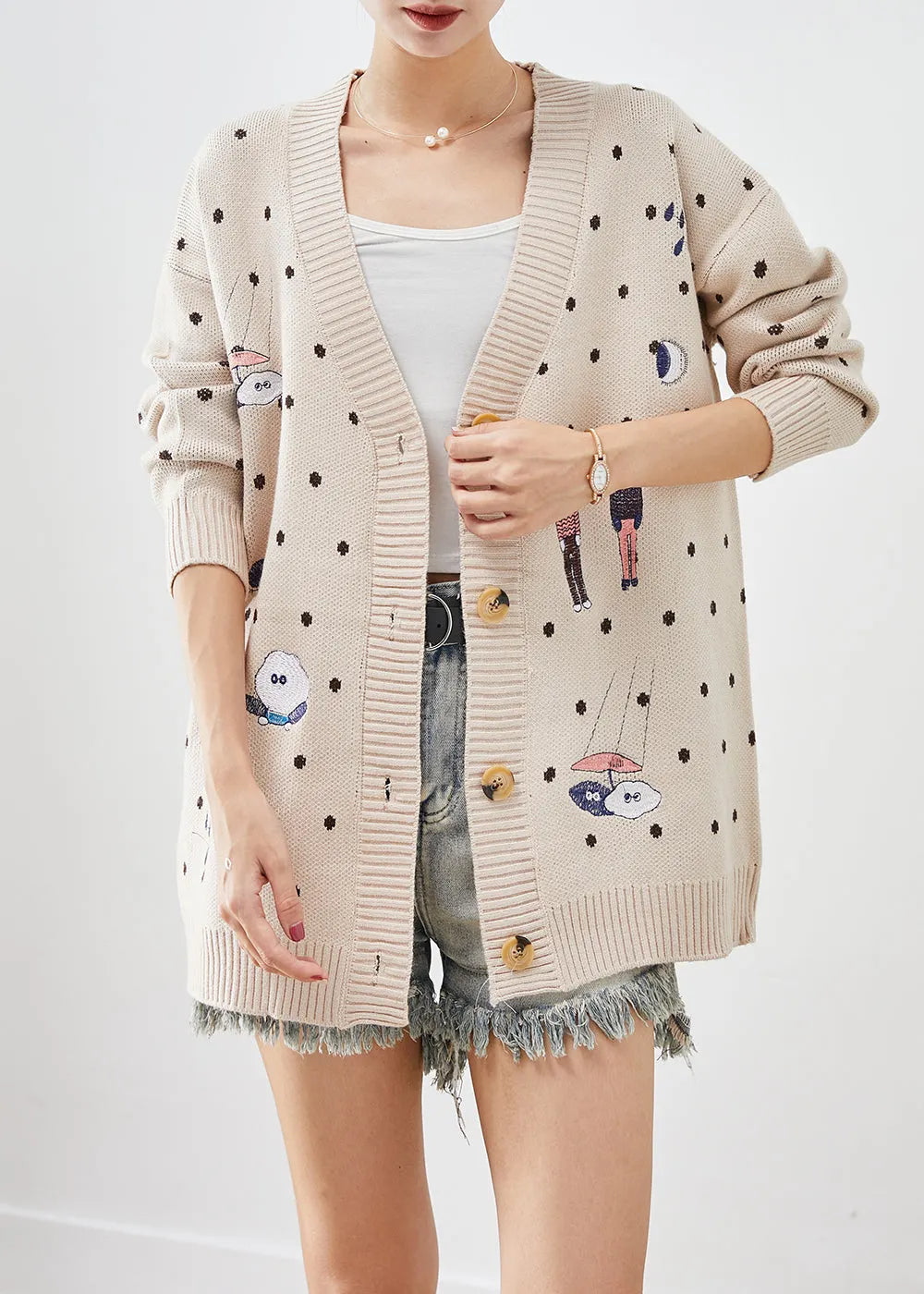 Beige Embroidered Knit Loose Coat Winter