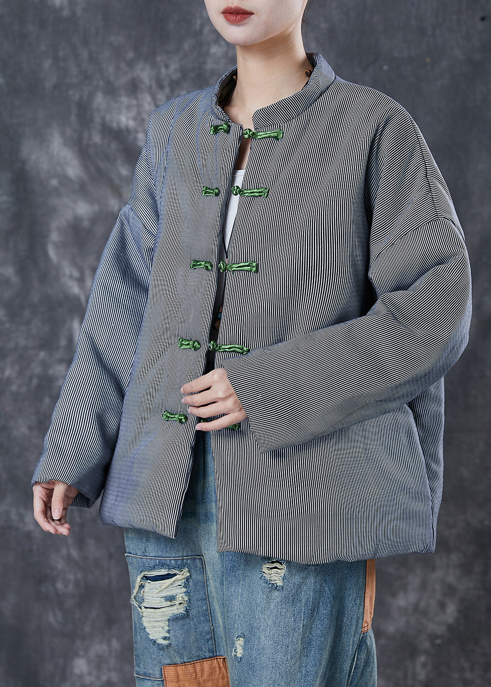 Black Striped Fine Cotton Filled Jackets Chinese Button Winter