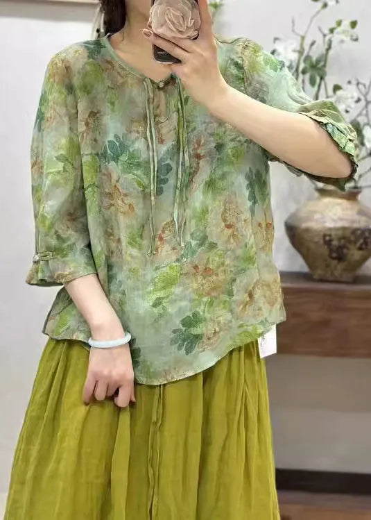 Pink Print Button Linen T Shirts Half Sleeve