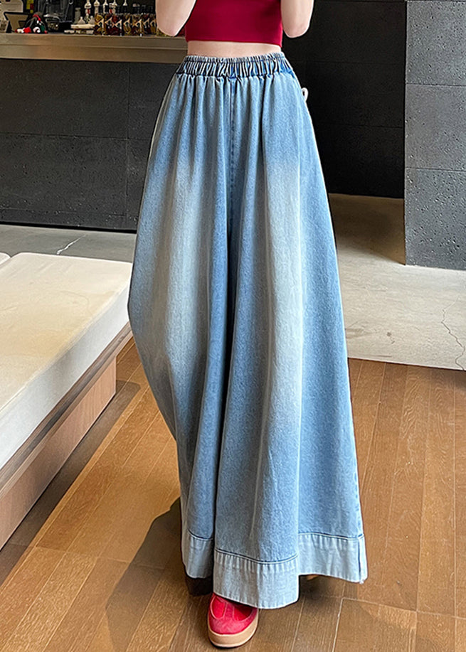 Blue Elastic Waist Pockets Wide Leg Jeans