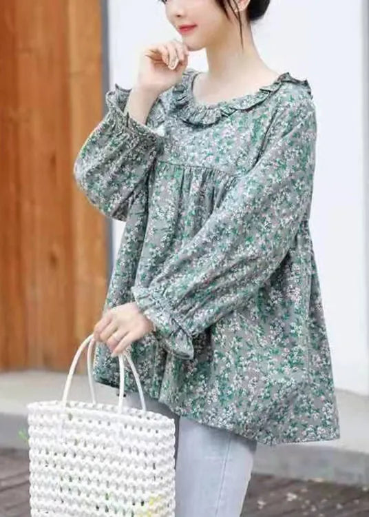 Grey Print Wrinkled Cotton Loose Shirt Top Long Sleeve