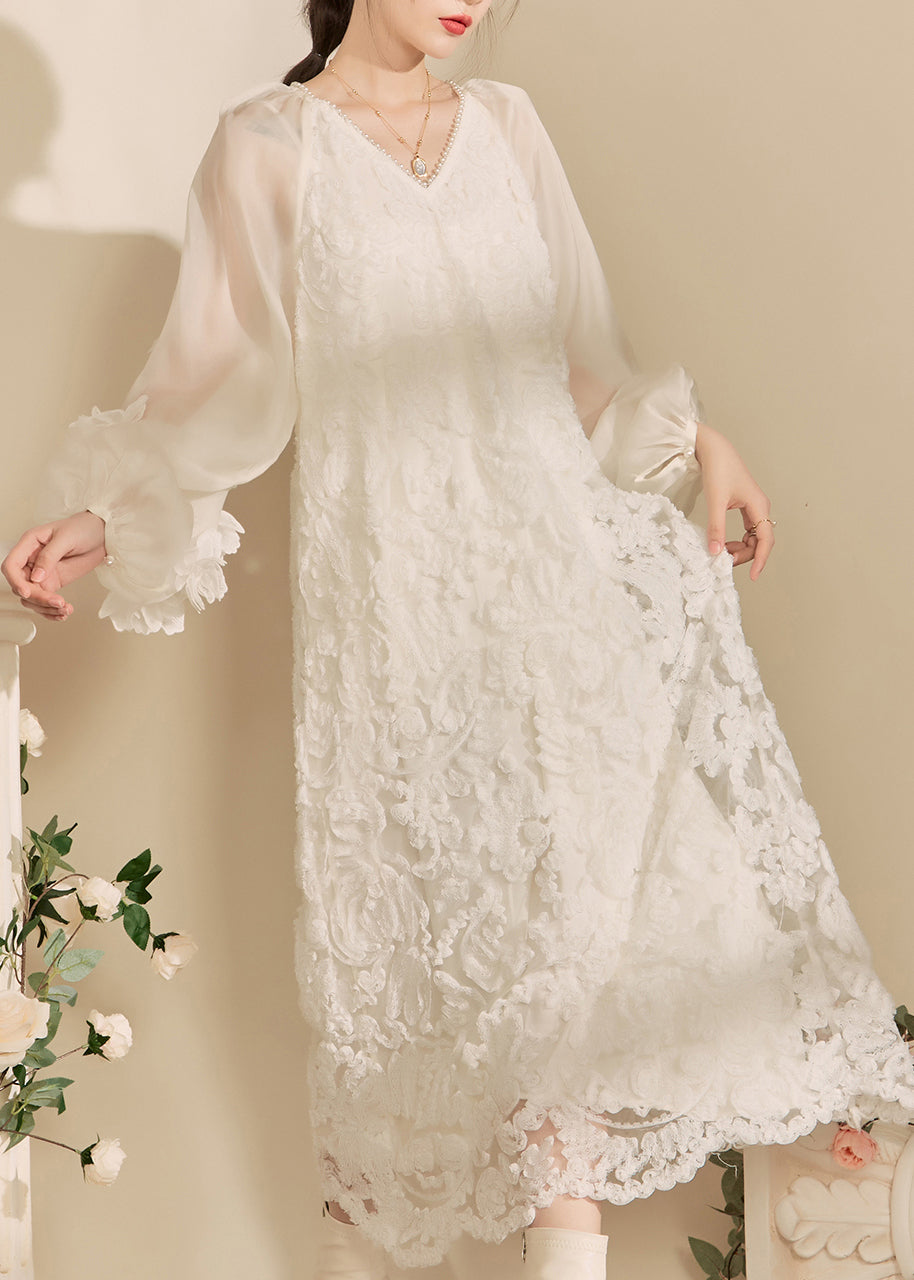 White V Neck Tulle Maxi Dresses Fall