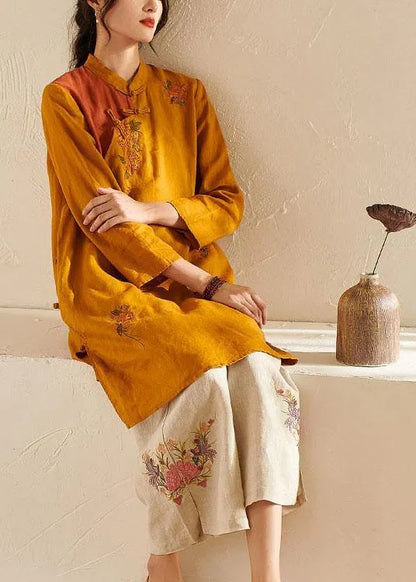 French Yellow Oriental Side Open Summer Linen Top