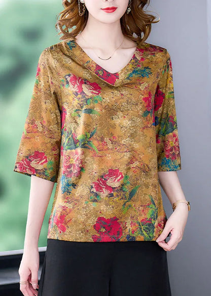 Yellow Side Open V Neck Print Silk Blouse Tops Half Sleeve