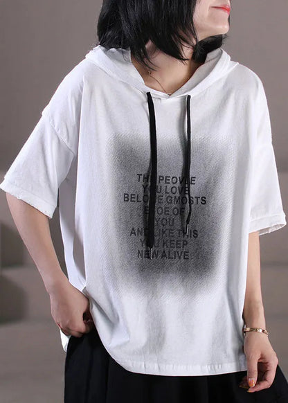 French Orange Hooded Letter Print Cotton Pullover Short Sleeve
