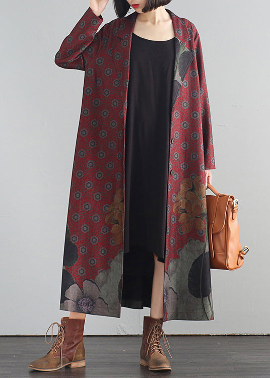 Red V Neck Print Button Maxi Trench Coats Fall