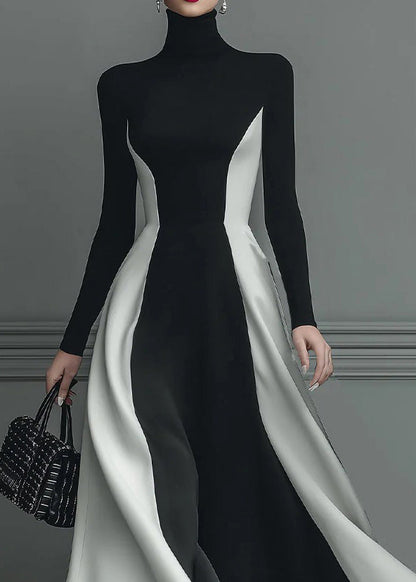 Fitted Black Hign Neck Patchwork Cotton Long Dress Spring